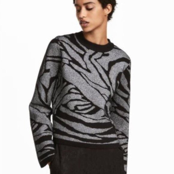 H&M Black & Silver Jacquard Knit Mock Neck Bell Sleeve Sweater - Picture 1 of 3